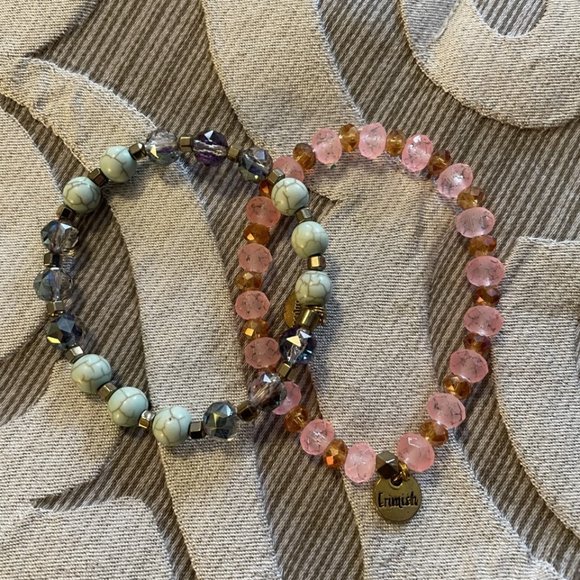 Erimish Jewelry - Set of 2 Erimish Bracelets Pink Green Clear Faceted Glass Stretch Beads EUC